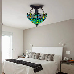 Green 10 inch Stained Glass Tiffany Dragonfly Style Ceiling Light