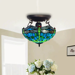 Handmade 16 inch Tiffany Green Dragonfly Style Ceiling Lamp Stained Glass Shade