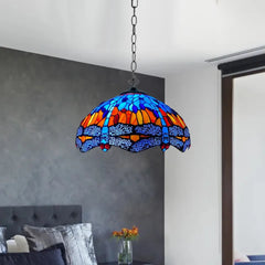 16 Inch Tiffany Style Blue & Orange Dragonfly Stained Glass Pendant Light