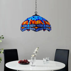 16 Inch Tiffany Style Blue & Orange Dragonfly Stained Glass Pendant Light