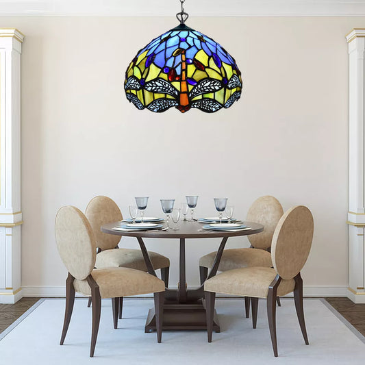 10 inch Blue & Yellow Antique Tiffany Style Pendant Lamp Dragonfly Stained Glass Shade