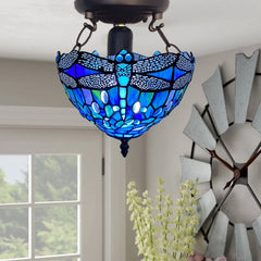 10 inch Tiffany Blue Dragonfly Ceiling Lamp Stained Glass Shade Antique Style