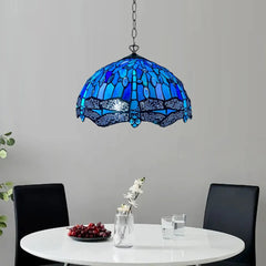 Blue & Black 16 Inch Tiffany Style Blue Dragonfly Pendant Light Stained Glass Shade