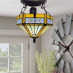 Tiffany Yellow Hexagon Ceiling Lamp 10 inch Stained Glass Shade Antique Style