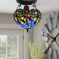 10 Inch Tiffany Style Multicolor Dragonfly Design Ceiling Light Stained Glass Shade