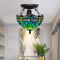 Green 10 inch Stained Glass Tiffany Dragonfly Style Ceiling Light