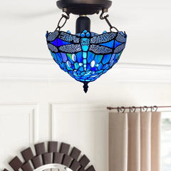 10 inch Tiffany Blue Dragonfly Ceiling Lamp Stained Glass Shade Antique Style