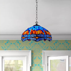16 Inch Tiffany Style Blue & Orange Dragonfly Stained Glass Pendant Light