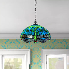 16 inch Green Tiffany Style Dragonfly Pendant Light Stained Glass Shade