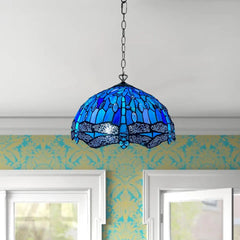 Blue & Black 16 Inch Tiffany Style Blue Dragonfly Pendant Light Stained Glass Shade