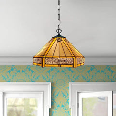 16 Inch Yellow Hexagonal Pendant Light Style Handcrafted Stained Glass Shade
