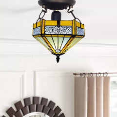 Tiffany Yellow Hexagon Ceiling Lamp 10 inch Stained Glass Shade Antique Style