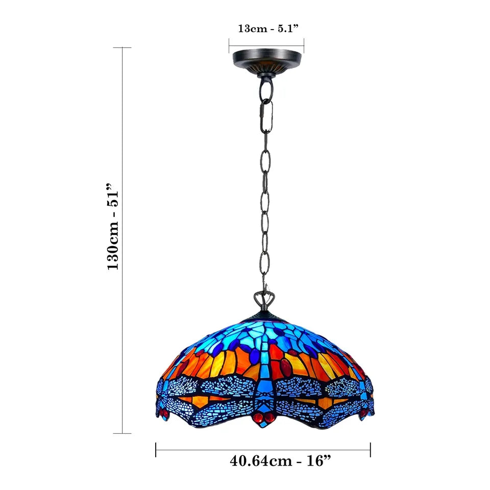 16 Inch Tiffany Style Blue & Orange Dragonfly Stained Glass Pendant Light
