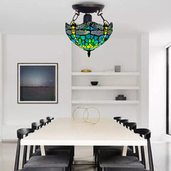 Green 10 inch Stained Glass Tiffany Dragonfly Style Ceiling Light