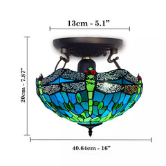 Handmade 16 inch Tiffany Green Dragonfly Style Ceiling Lamp Stained Glass Shade