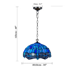 Blue & Black 16 Inch Tiffany Style Blue Dragonfly Pendant Light Stained Glass Shade