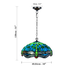 16 inch Green Tiffany Style Dragonfly Pendant Light Stained Glass Shade