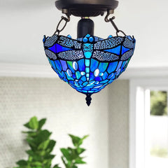 10 inch Tiffany Blue Dragonfly Ceiling Lamp Stained Glass Shade Antique Style