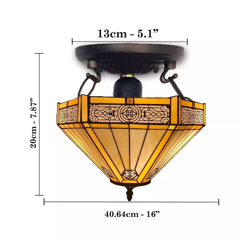 16 inch Stained Glass Yellow Hexagon Tiffany Style Ceiling Lamp Handmade