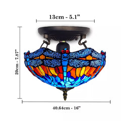 Blue & Orange Tiffany Dragonfly Style Ceiling Lamp 16 Inch Stained Glass Shade