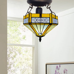 Tiffany Yellow Hexagon Ceiling Lamp 10 inch Stained Glass Shade Antique Style