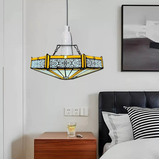 Tiffany style Yellow Hexagon Design Pendant Lamp 12 inch Stained Glass Shade