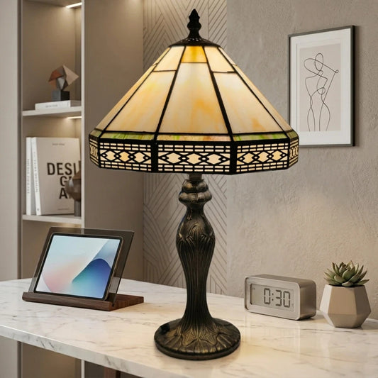 10 Inch Hexagonal Design Tiffany Style Stained Glass Table Lamp
