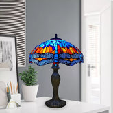 16 inch Handcrafted Stained Glass Tiffany Blue & Orange Dragonfly style Table lamp