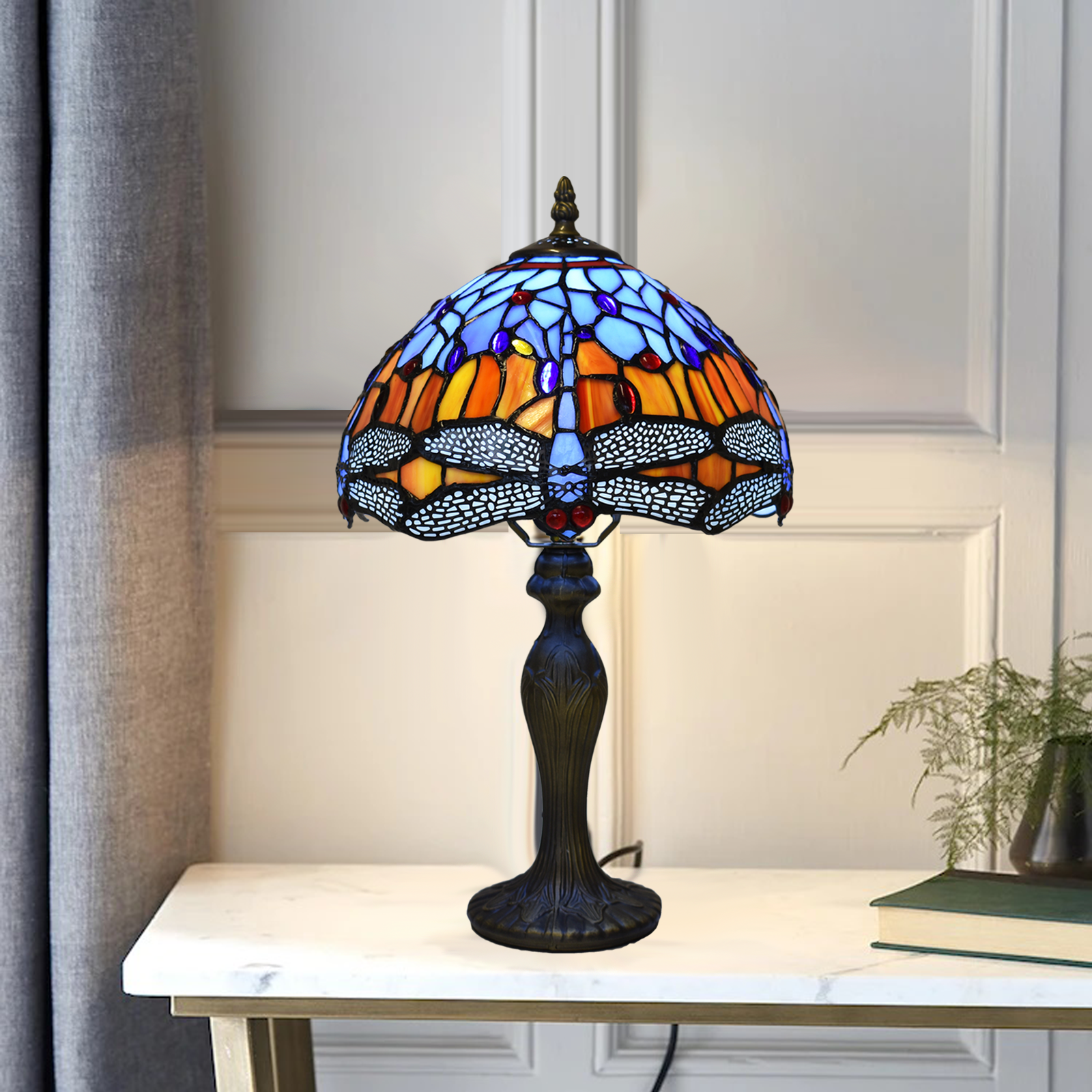 Vintage Tiffany Style Table Lamp Dragonfly Style 10 inch blue and orange Glass