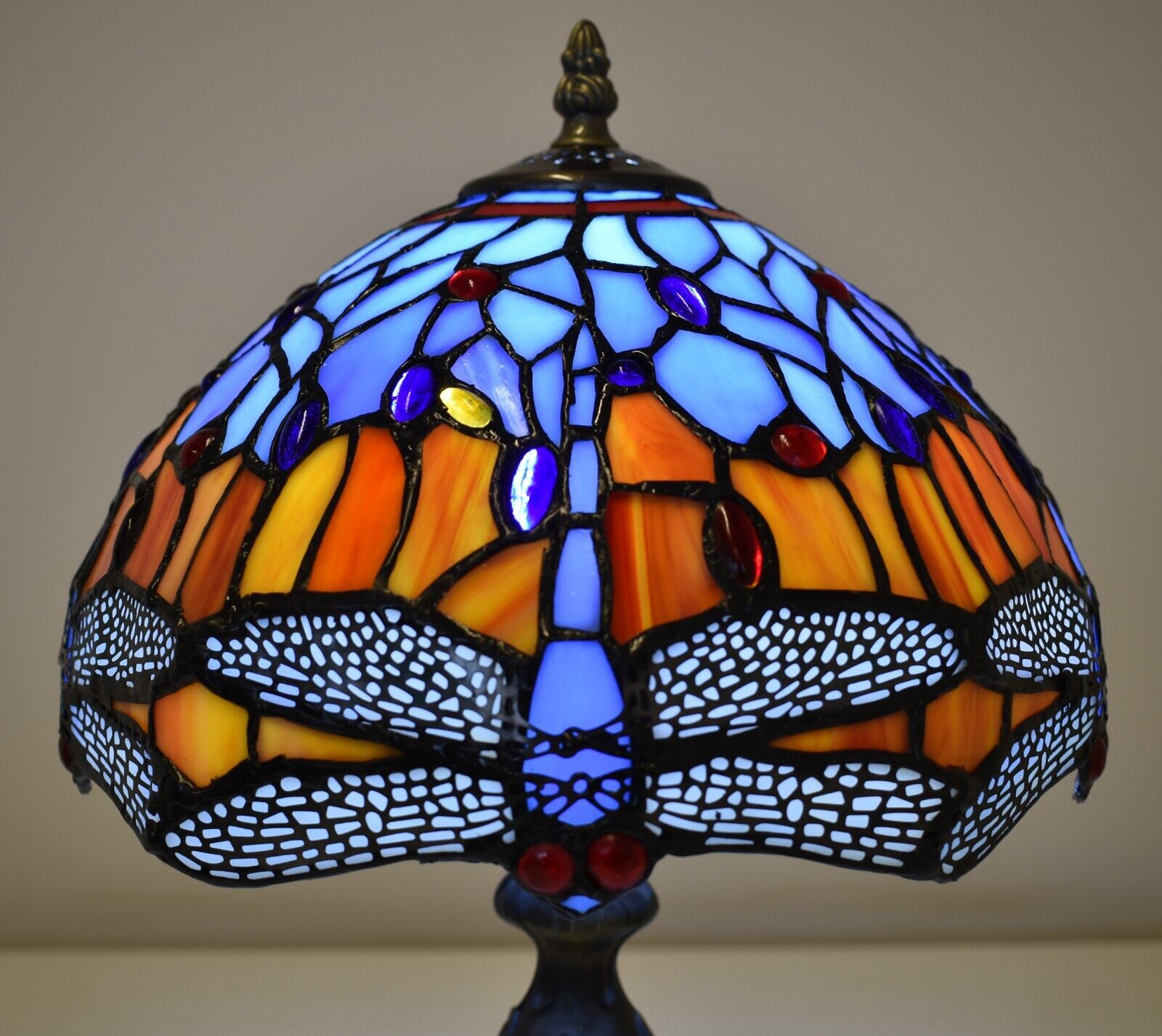 Vintage Tiffany Style Table Lamp Dragonfly Style 10 inch blue and orange Glass