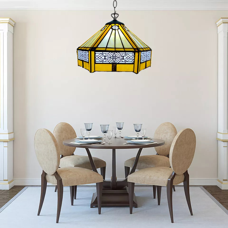 Yellow Hexagon Tiffany Style Stained Glass Shade 10 Inch Pendent Lamp Antique Style