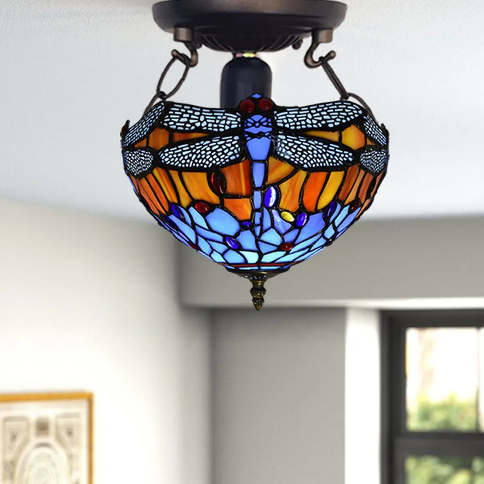 Tiffany Dragonfly Style Ceiling Lamp 10 inch Multicolored Stained Glass Shade