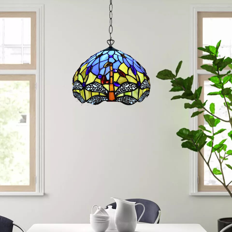 10 inch Blue & Yellow Antique Tiffany Style Pendant Lamp Dragonfly Stained Glass Shade