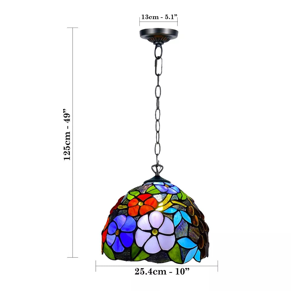 Tiffany 10 inch Flowered Style Pendant Lamp Multicolored Stained Glass Shade