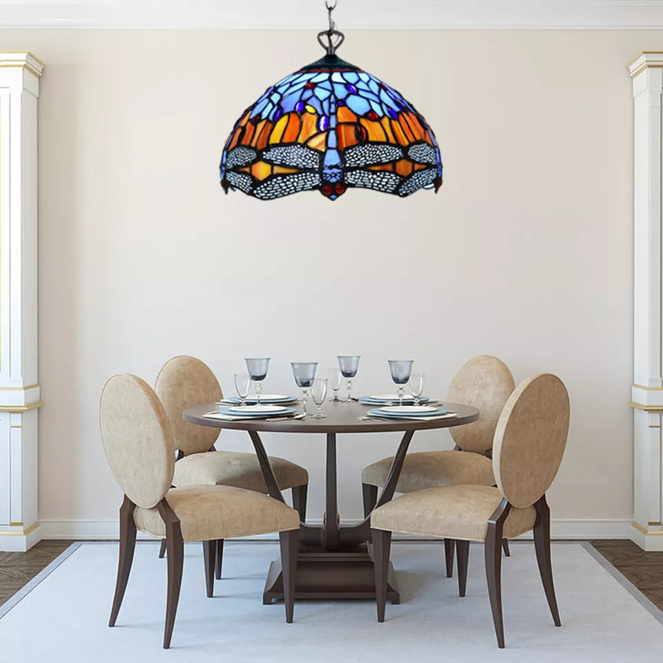 Blue & Orange Tiffany Style Pendant Lamp Dragonfly 10 inch Handmade Stained Glass