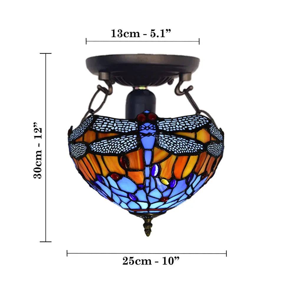 Tiffany Dragonfly Style Ceiling Lamp 10 inch Multicolored Stained Glass Shade