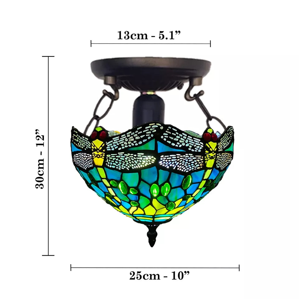 Green 10 inch Stained Glass Tiffany Dragonfly Style Ceiling Light