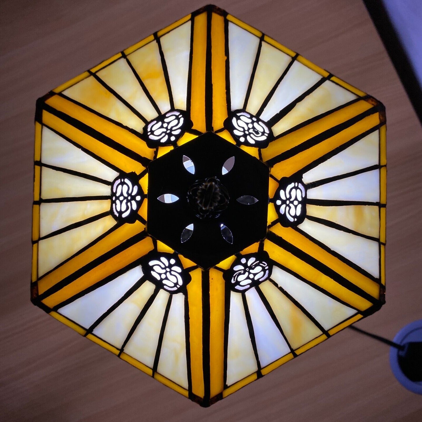 Tiffany Style Table Lamp Yellow Hexagon Handcrafted Multicolor Stained Glass UK