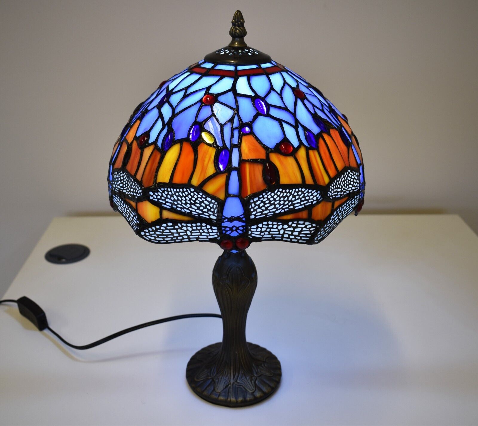 Vintage Tiffany Style Table Lamp Dragonfly Style 10 inch blue and orange Glass