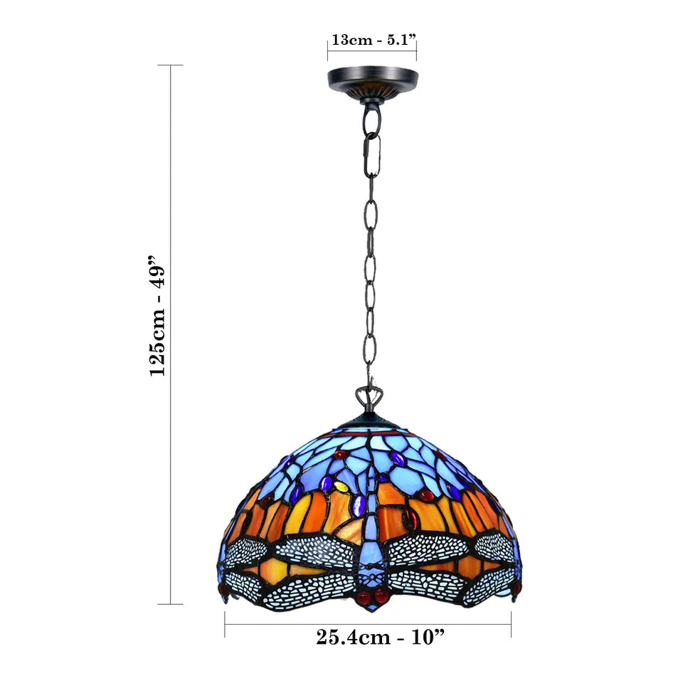 Blue & Orange Tiffany Style Pendant Lamp Dragonfly 10 inch Handmade Stained Glass