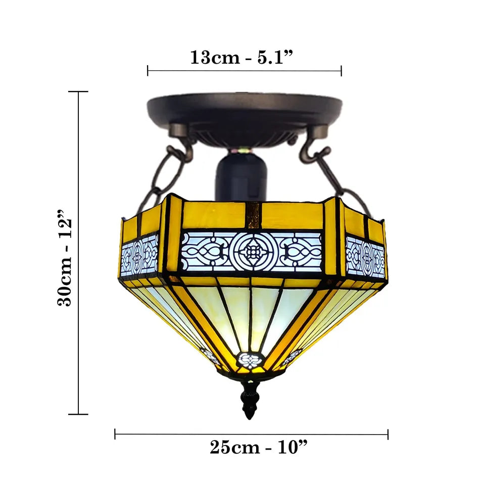 Tiffany Yellow Hexagon Ceiling Lamp 10 inch Stained Glass Shade Antique Style