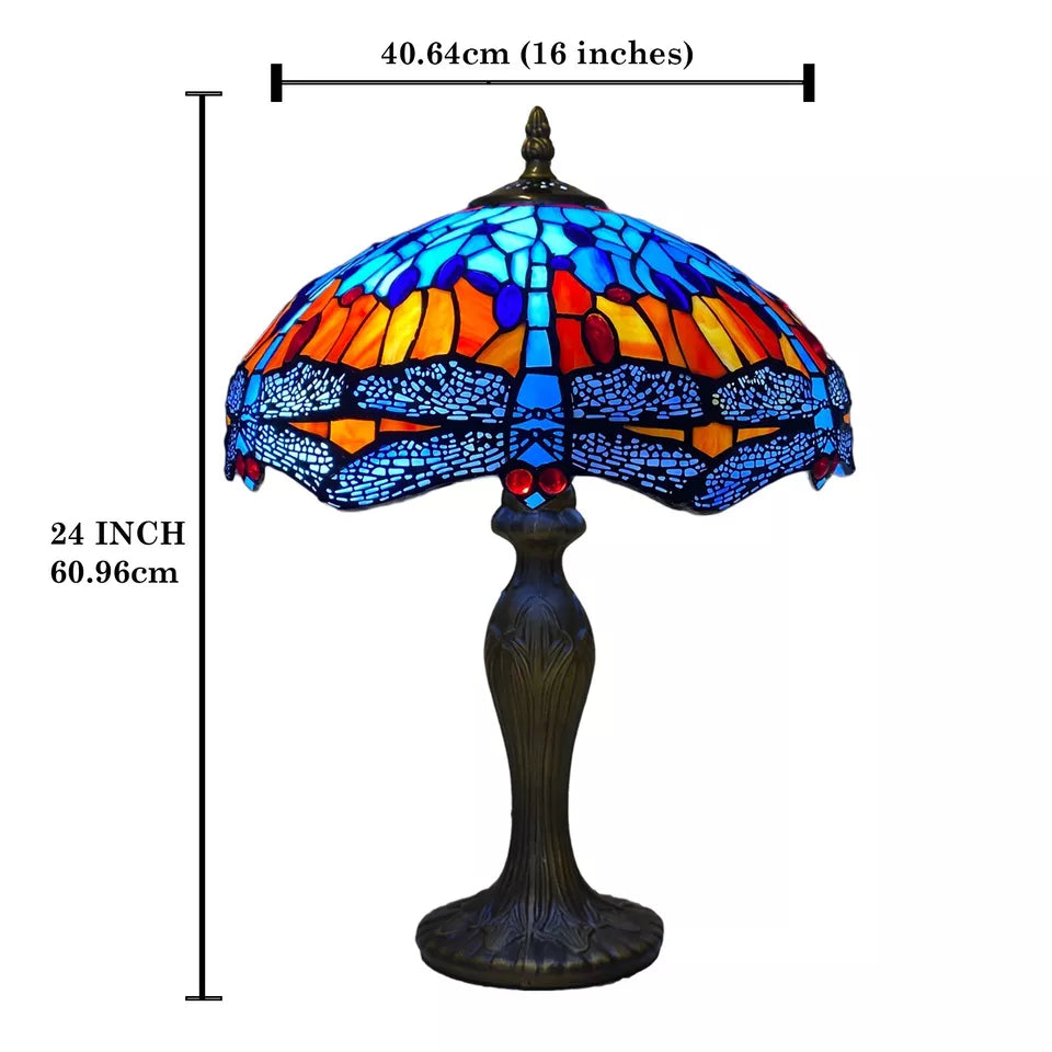 16 inch Handcrafted Stained Glass Tiffany Blue & Orange Dragonfly style Table lamp