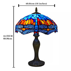 16 inch Handcrafted Stained Glass Tiffany Blue & Orange Dragonfly style Table lamp