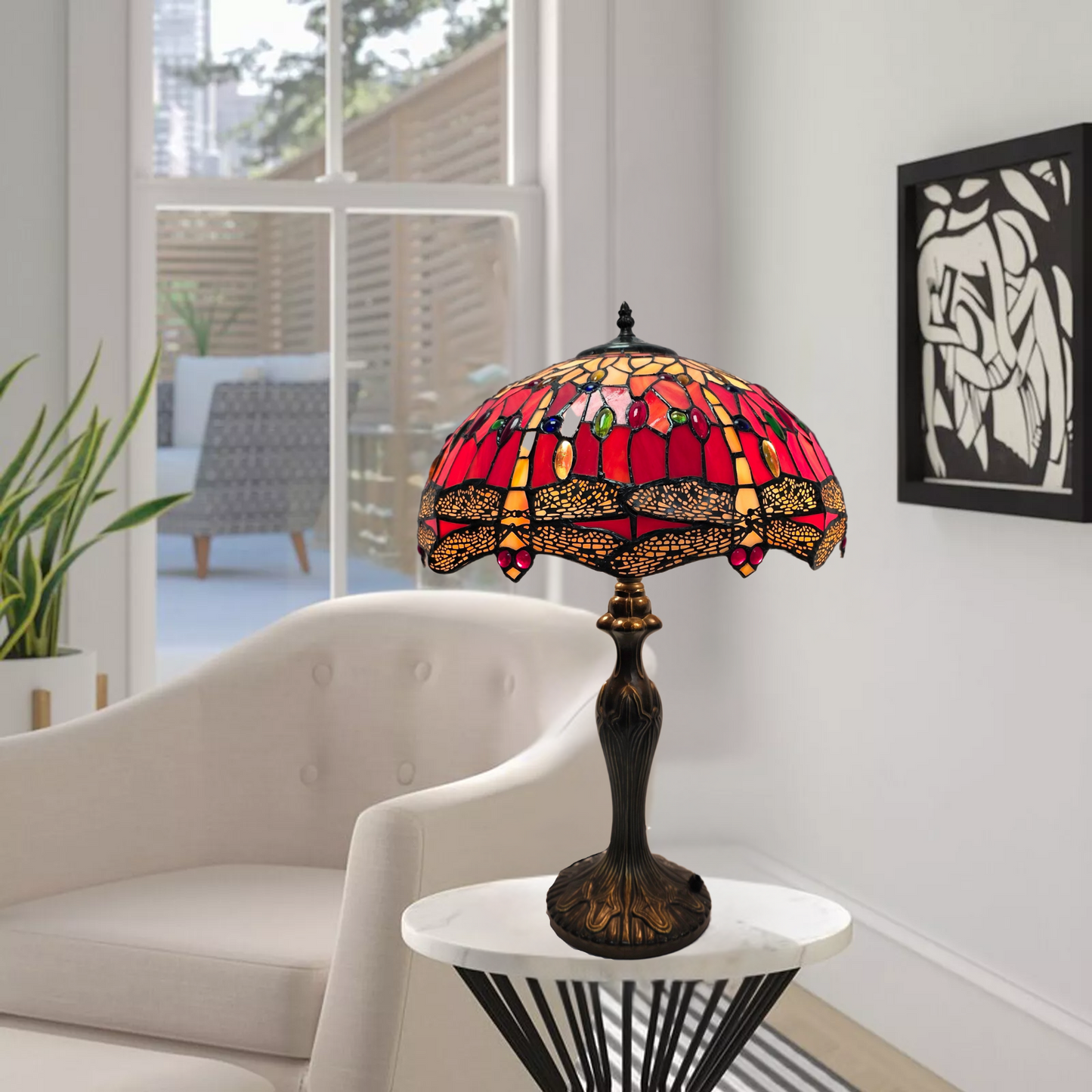 16 Inch Red Tiffany style handmade glass stained Table Lamp in a living room setting