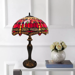 16 Inch Red Tiffany style handmade glass stained Table Lamp with a white background