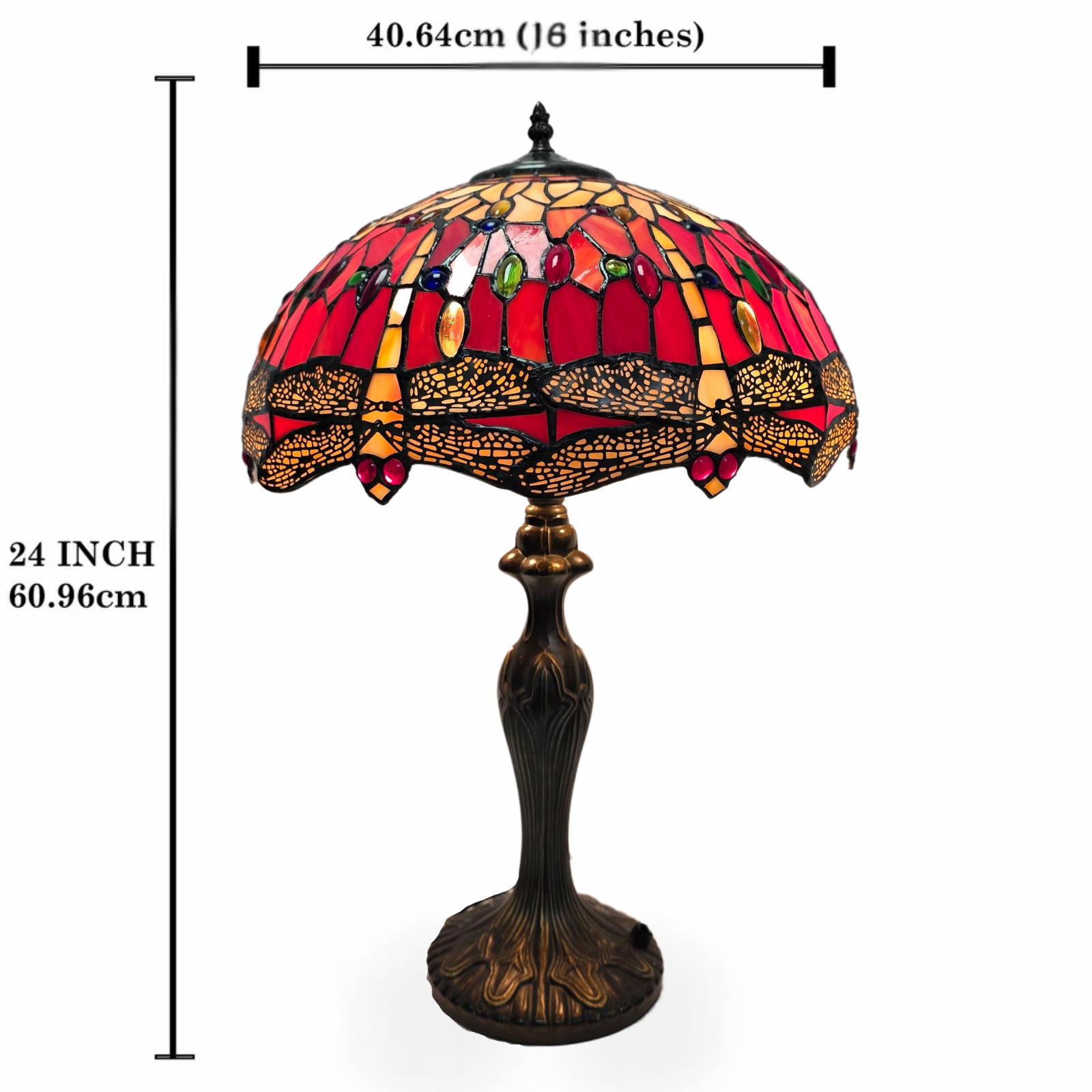 Tiffany-style lamp with stained glass shade and measurements on a white background
