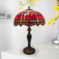 16 Inch Red Tiffany style handmade glass stained Table Lamp with a white surface