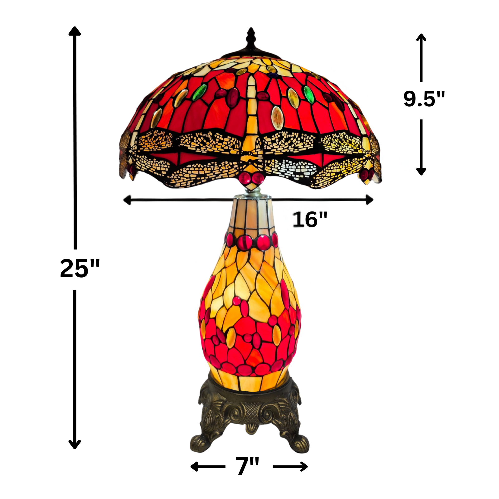 16-inch red & yellow Stained glass cluster table lamp with dimensions indicated on a white background
