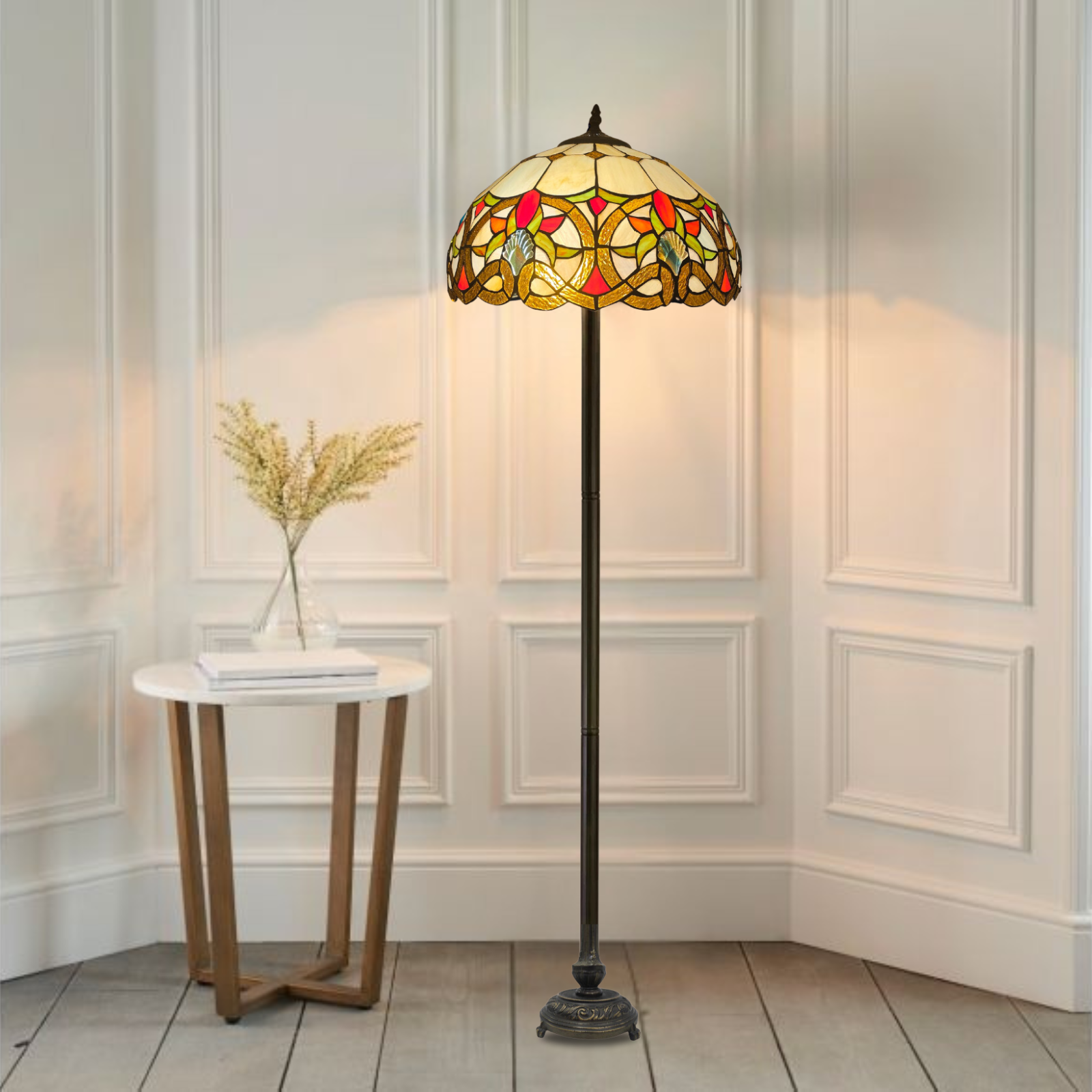 A beautiful 16 inch vintage tiffany floor lamp with a white background