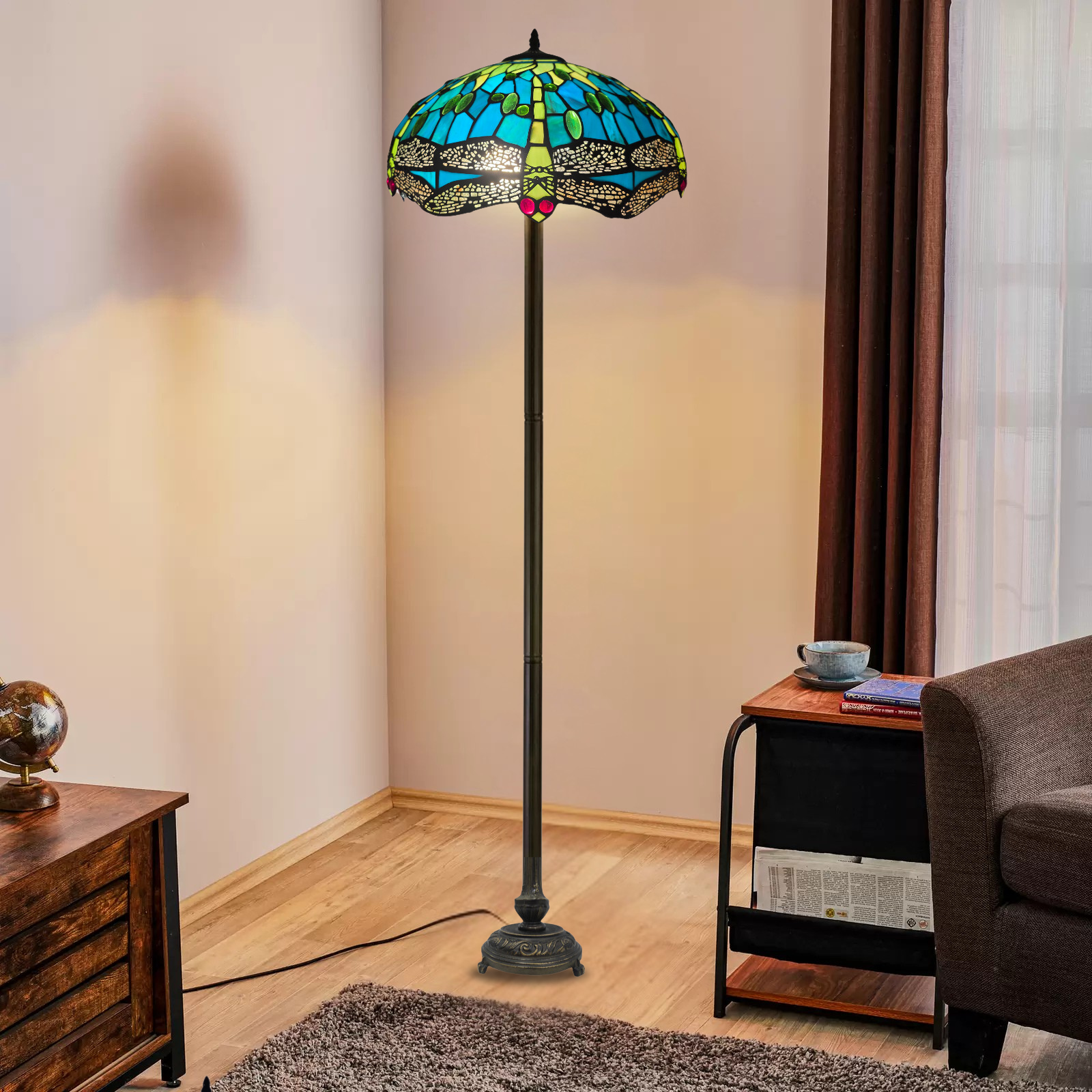 16 inch green stained large tiffany floor lamp placed in a living room baside a sofa and table